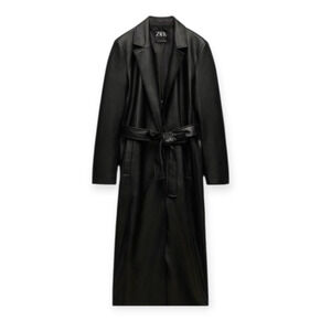 Zara Black Faux Leather Trench Coat Size Medium